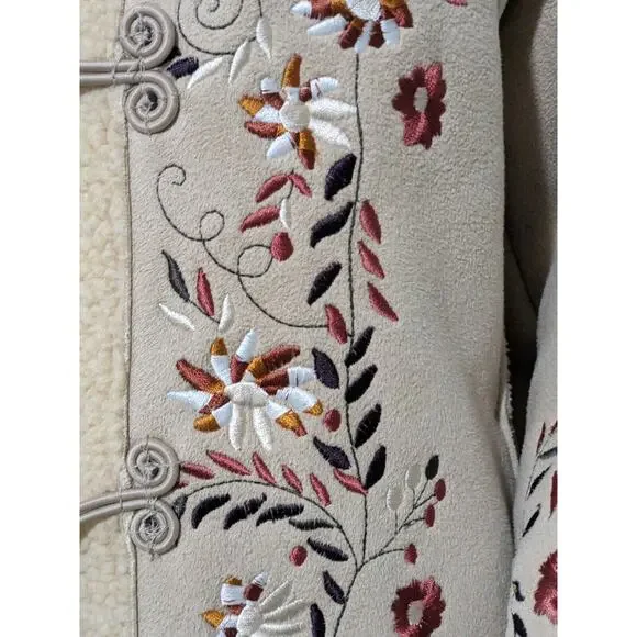 M Panache Beige Faux Suede Floral Embroidered Jacket with Toggle Buttons Medium - Picture 3 of 9